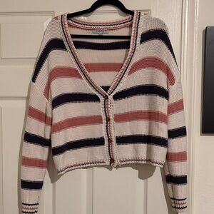 Striped V-Neck Button-Up Sweater